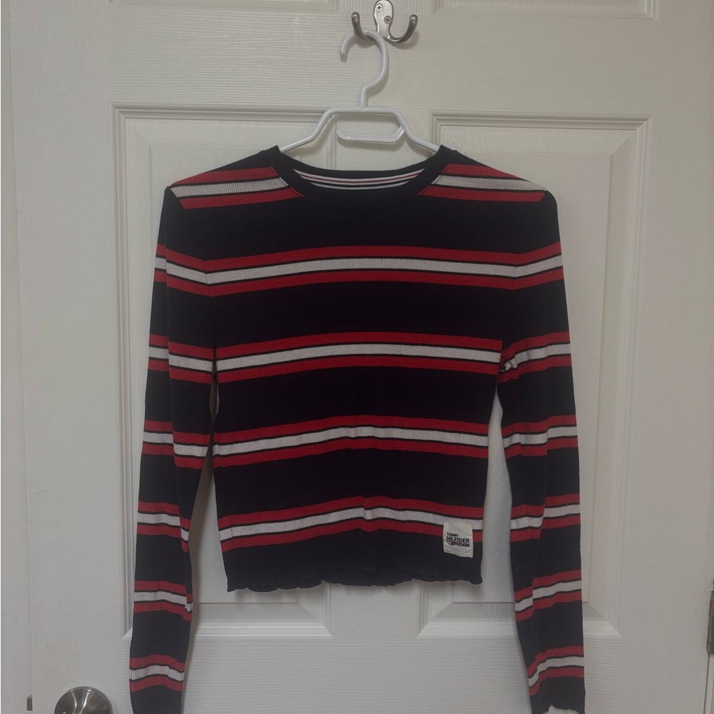 Tommy Hilfiger Black, Red & White Striped Long-Sleeve Crop Tee